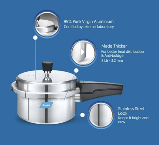Preethi Aluminium Outer Lid Pressure Cooker Non Induction Base, 3 Litres - Image 2